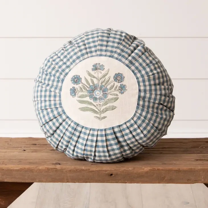 Pillow Round Pleated Blue Block Print