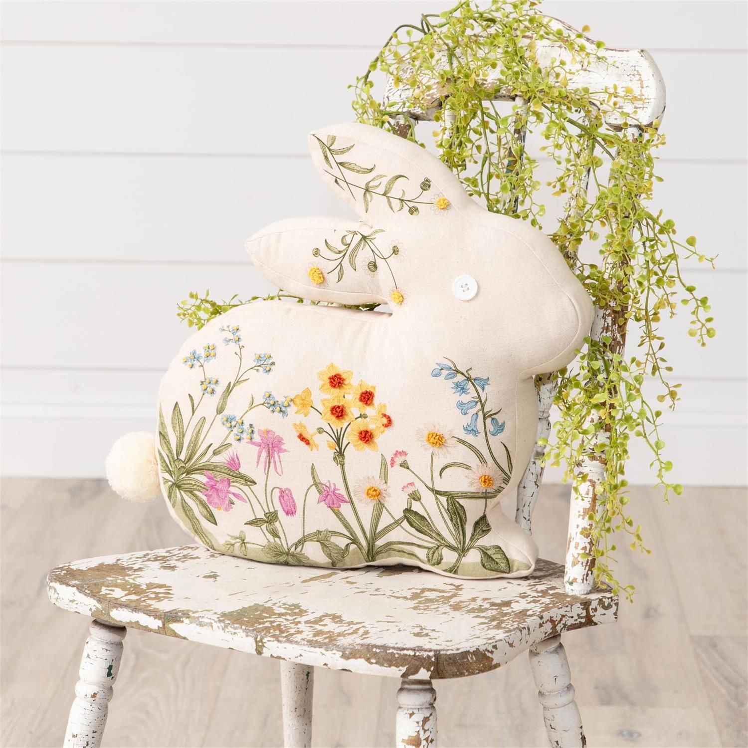 Pillow Embroidered Floral Rabbit