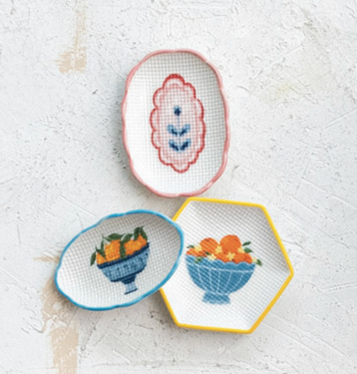 Stoneware Dish w Cross Stitch, 3 Styles