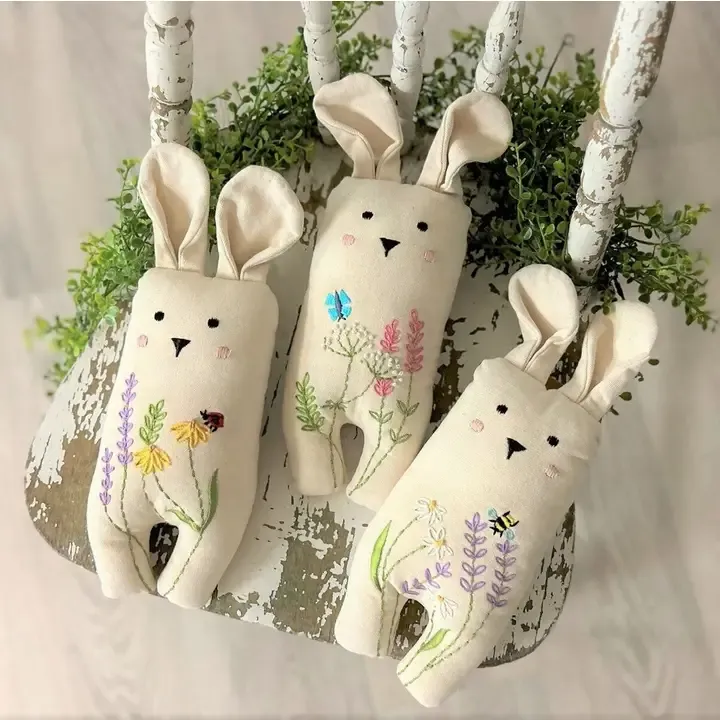 Canvas Bunnies Embroidered w Wildflowers