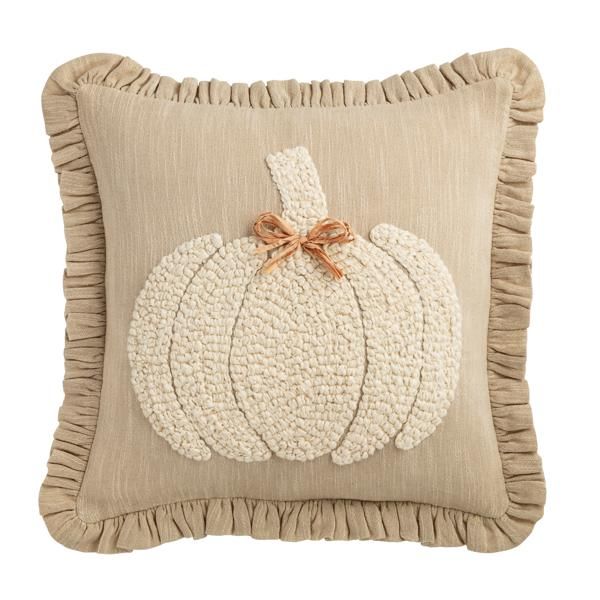 Fall Square White Emb Pumpkin Pillow