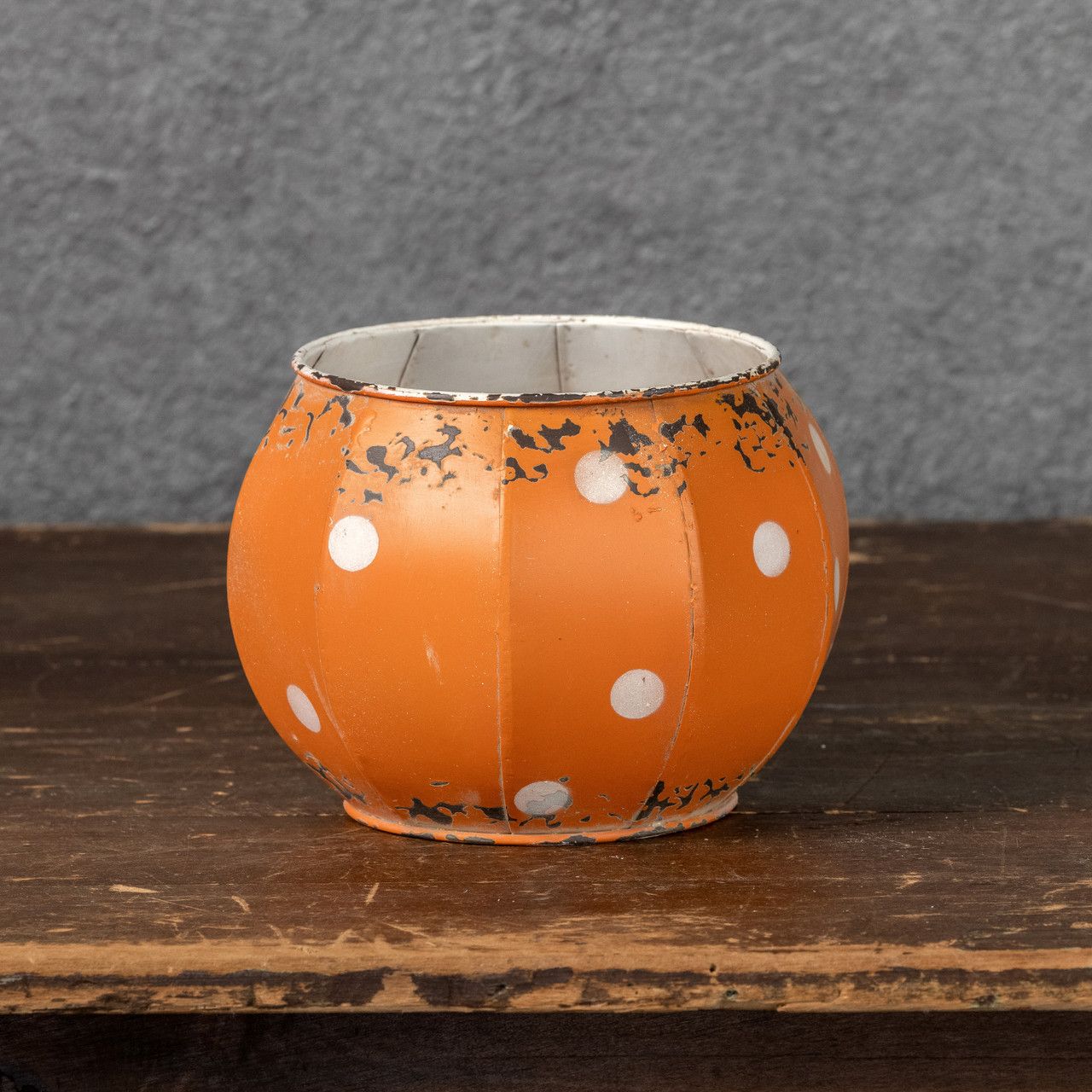 HWN 6" Orange & White Metal Polka Dot Pumpkin
