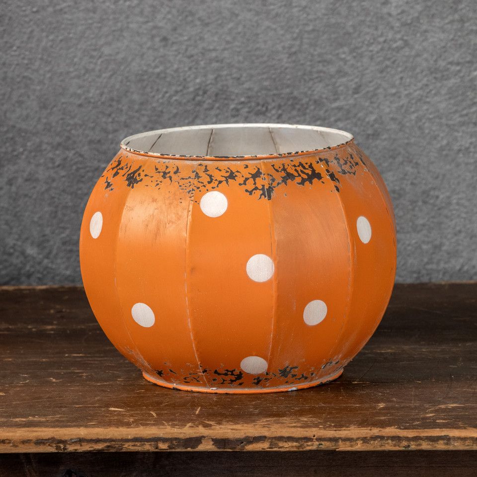 HWN 9" Orange & White Metal Polka Dot Pumpkin