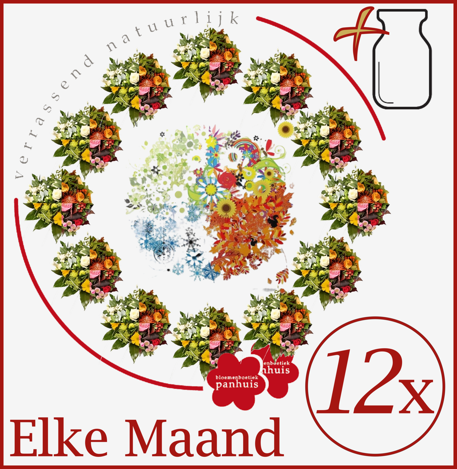 2) Bloemenabonnement, maandelijks voor 12 maanden - Gratis vaas