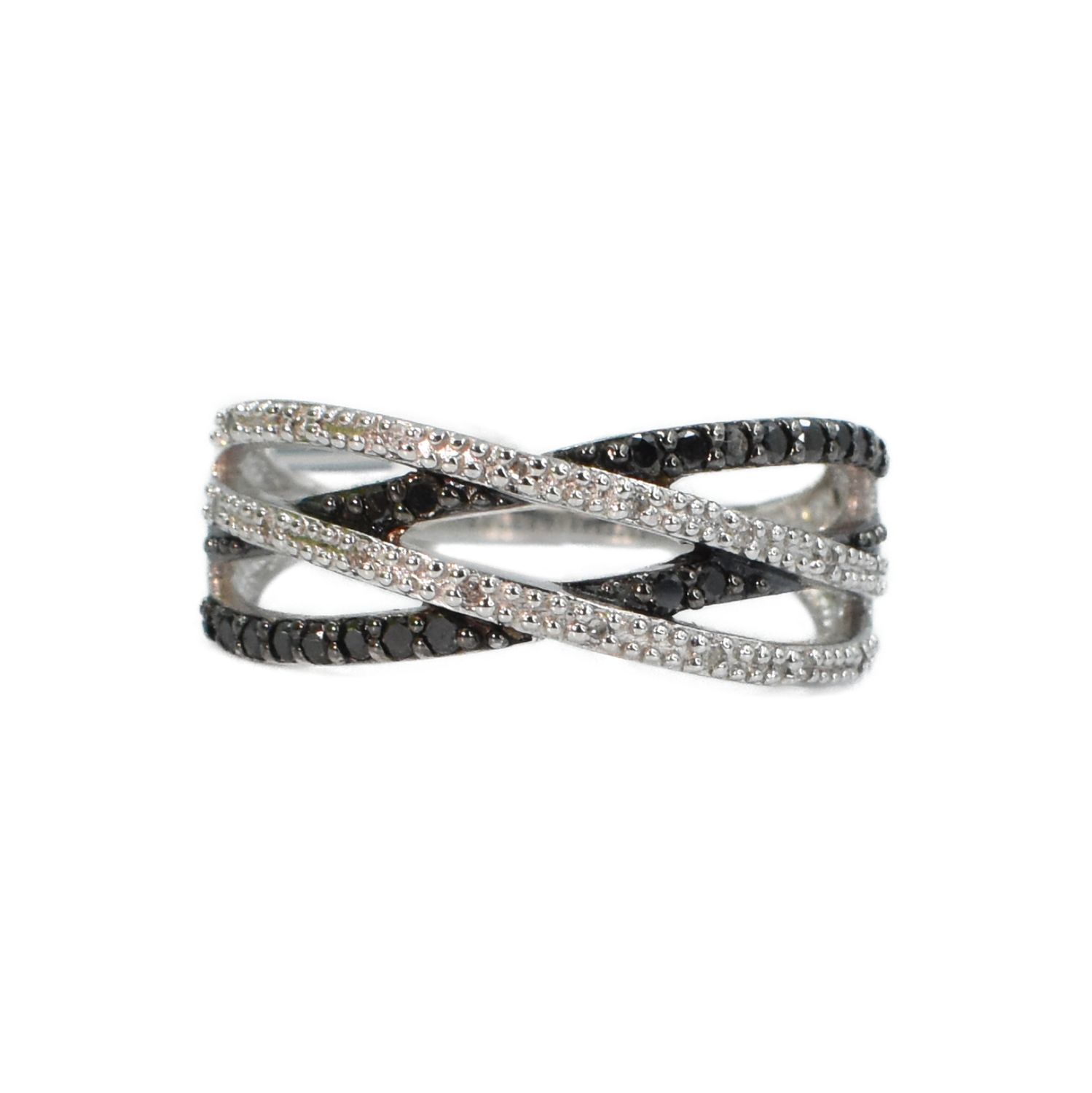 Anillo Cruzado Diamantes Negros y Blancos