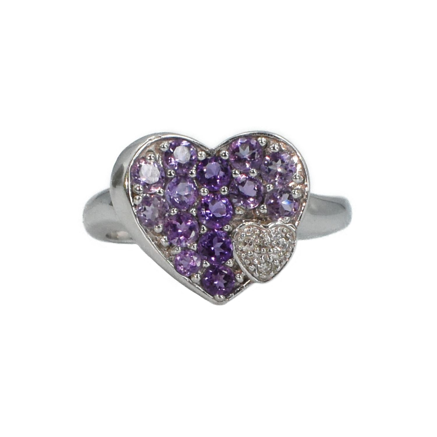 Anillo Corazón Amatistas y Corazón Diamantes
