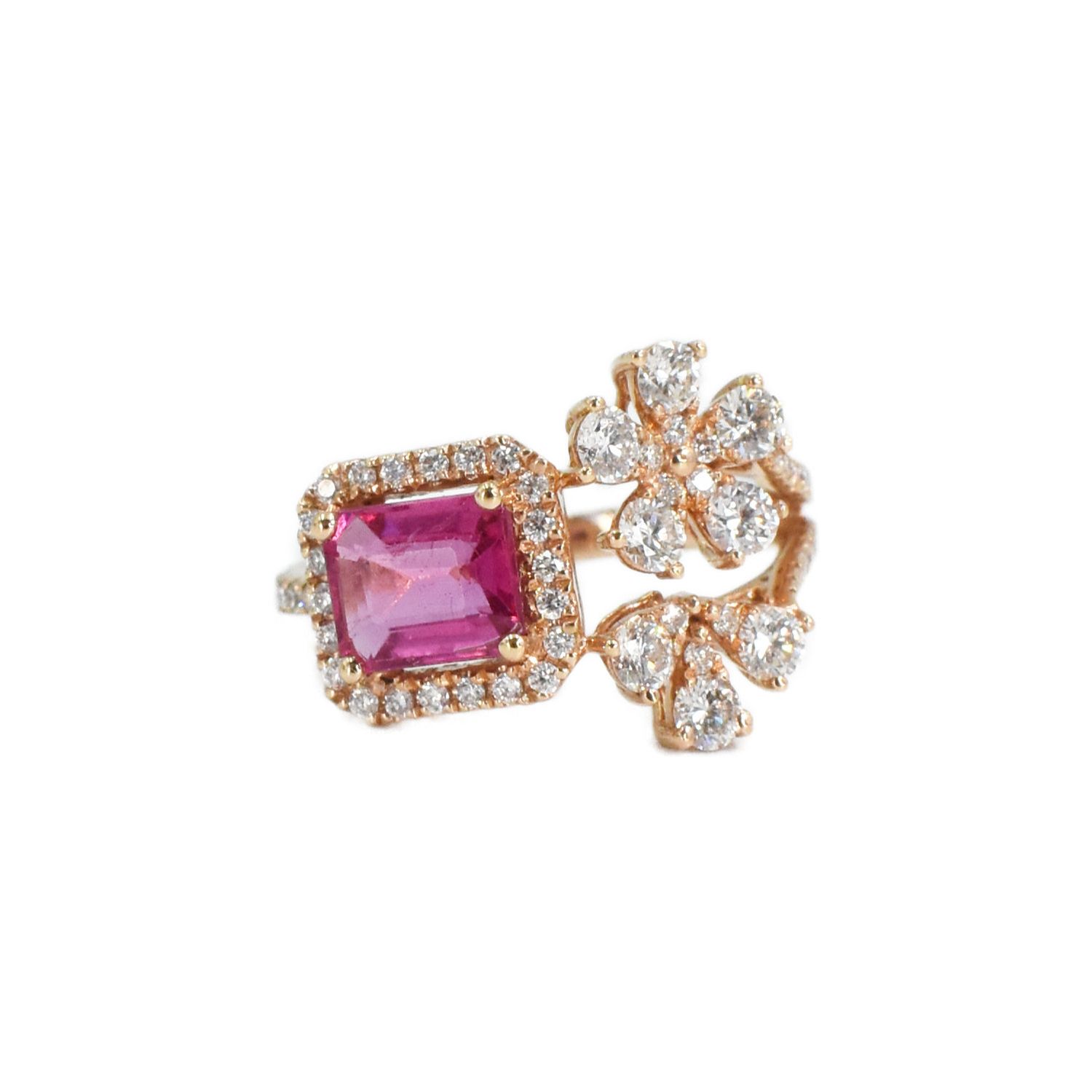 Anillo con Flores Turmalina Rosa y Diamantes