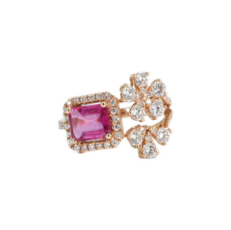 Anillo con Flores Turmalina Rosa y Diamantes