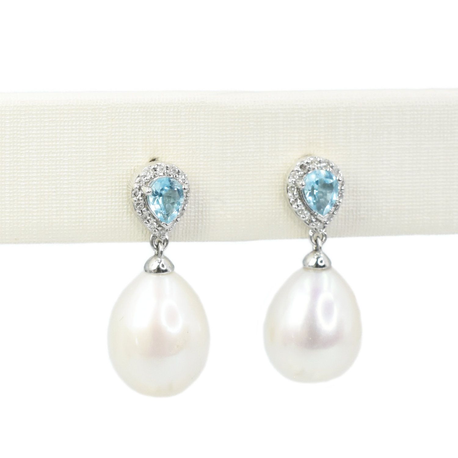 Aretes Perlas, Topacios Azules y Diamantes