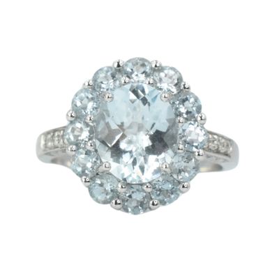 ​Anillo Aguamarina con Halo de Aguamarinas y Diamantes Laterales