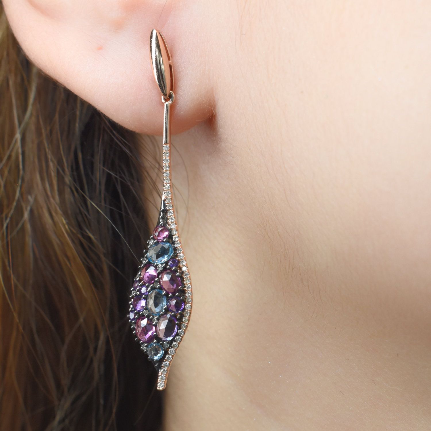 ​Aretes Zafiros Rosas, Topacios Azules y Diamantes