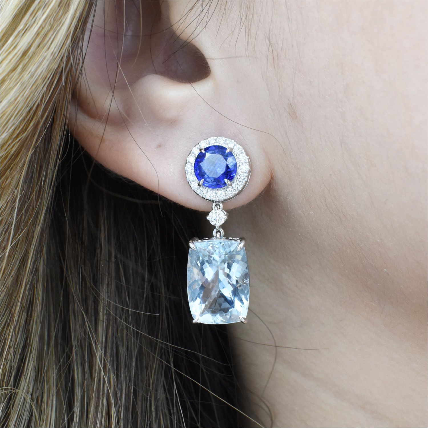 Aretes Aguamarinas, Zafiros Royal Blue y Diamantes