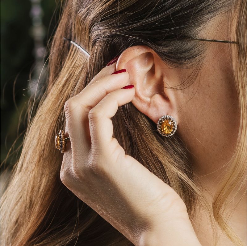 Juego de Anillo y Aretes Citrinas, Cuarzos y Diamantes