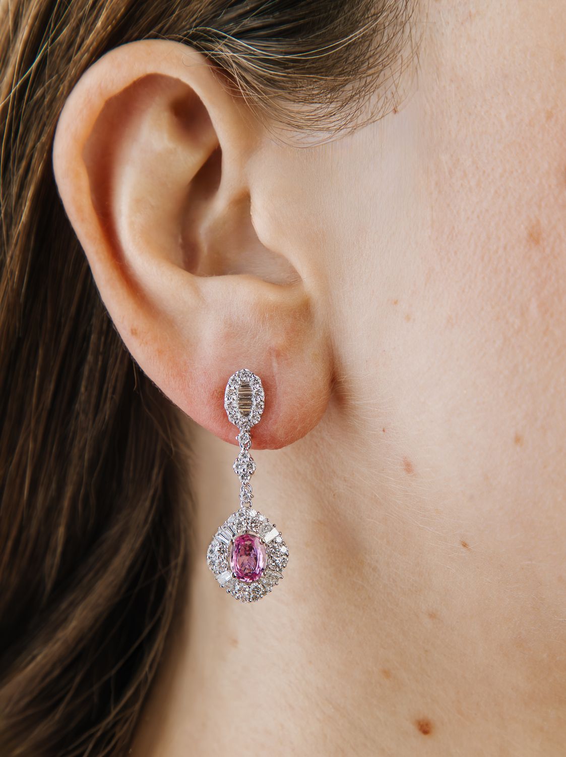 Aretes Largos Zafiros Rosas y Diamantes