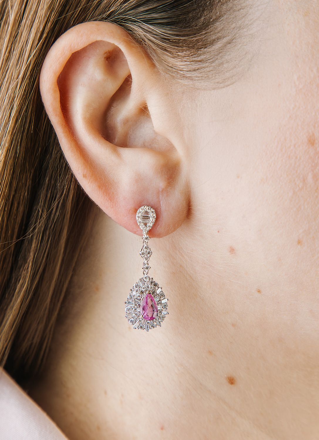 Aretes Largos Zafiros Rosas y Diamantes