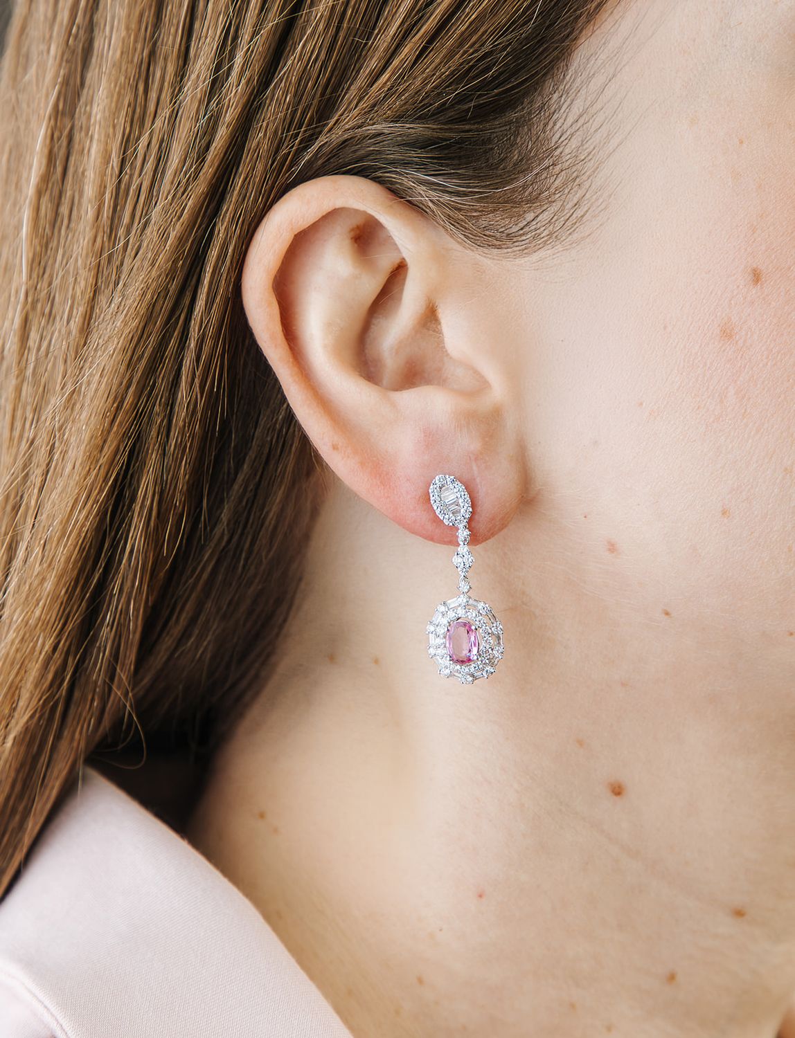 Aretes Largos Zafiros Rosas y Diamantes