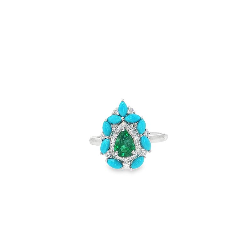 ​Anillo Esmeralda, Turquesas y Diamantes