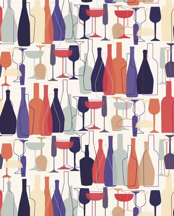 Geschenkpapier für Weinliebhaber, Muster + Größe: Gläser und Flaschen bunt 50 x 70 cm