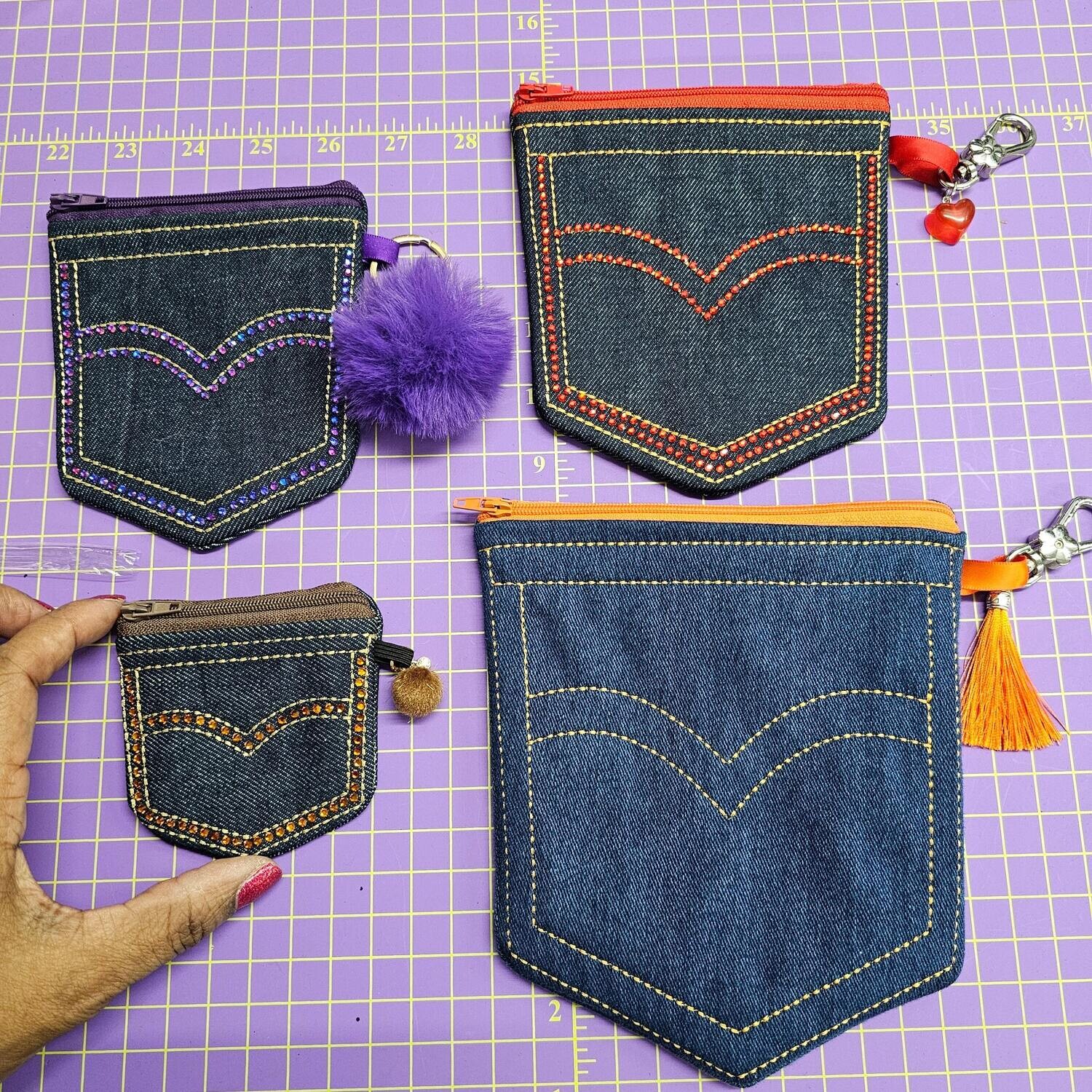 Denim DLB Zipper Pouch Bling Overlay  11.25 x 11.25