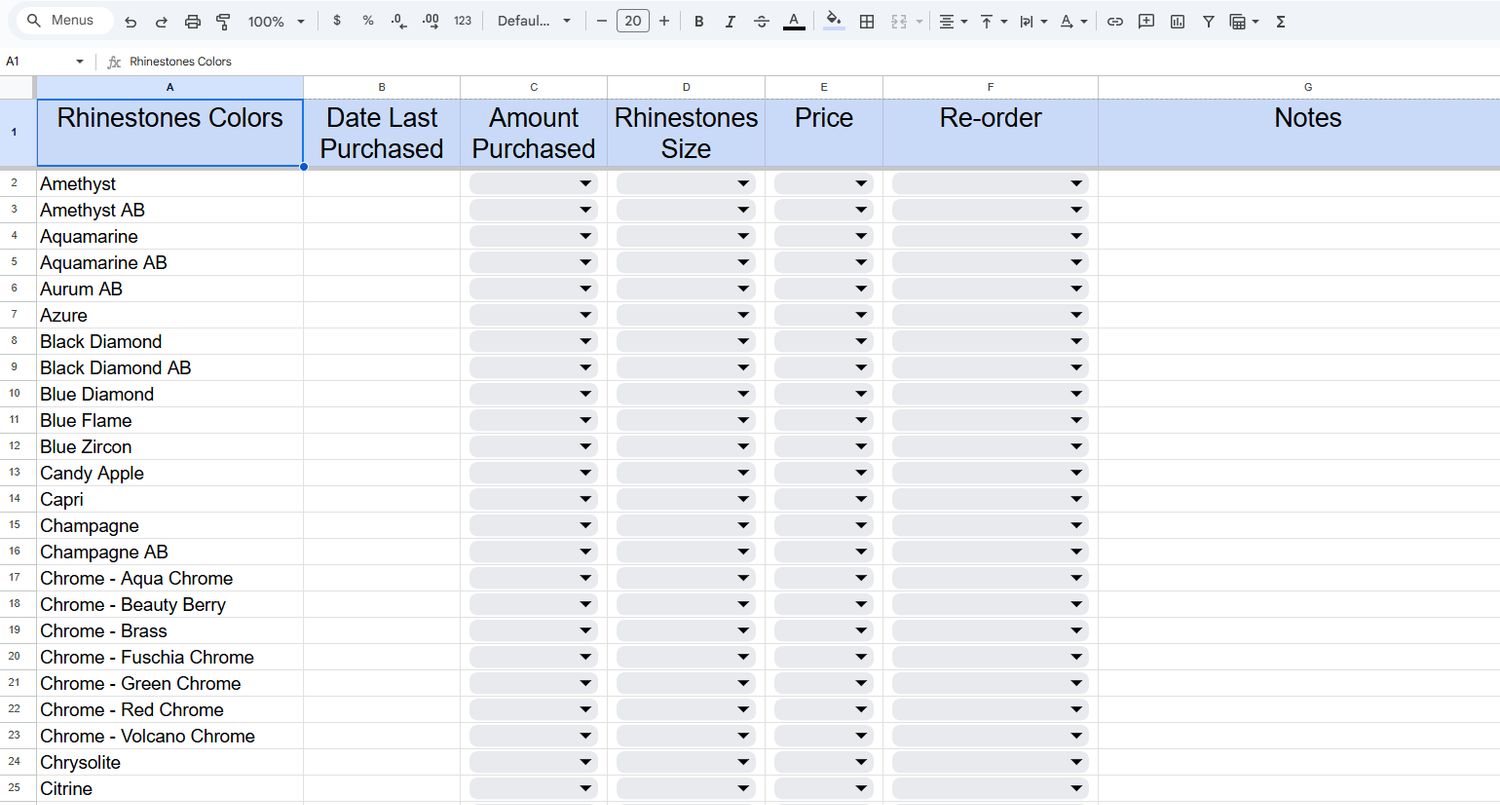 Bling Inventory Spreadsheet