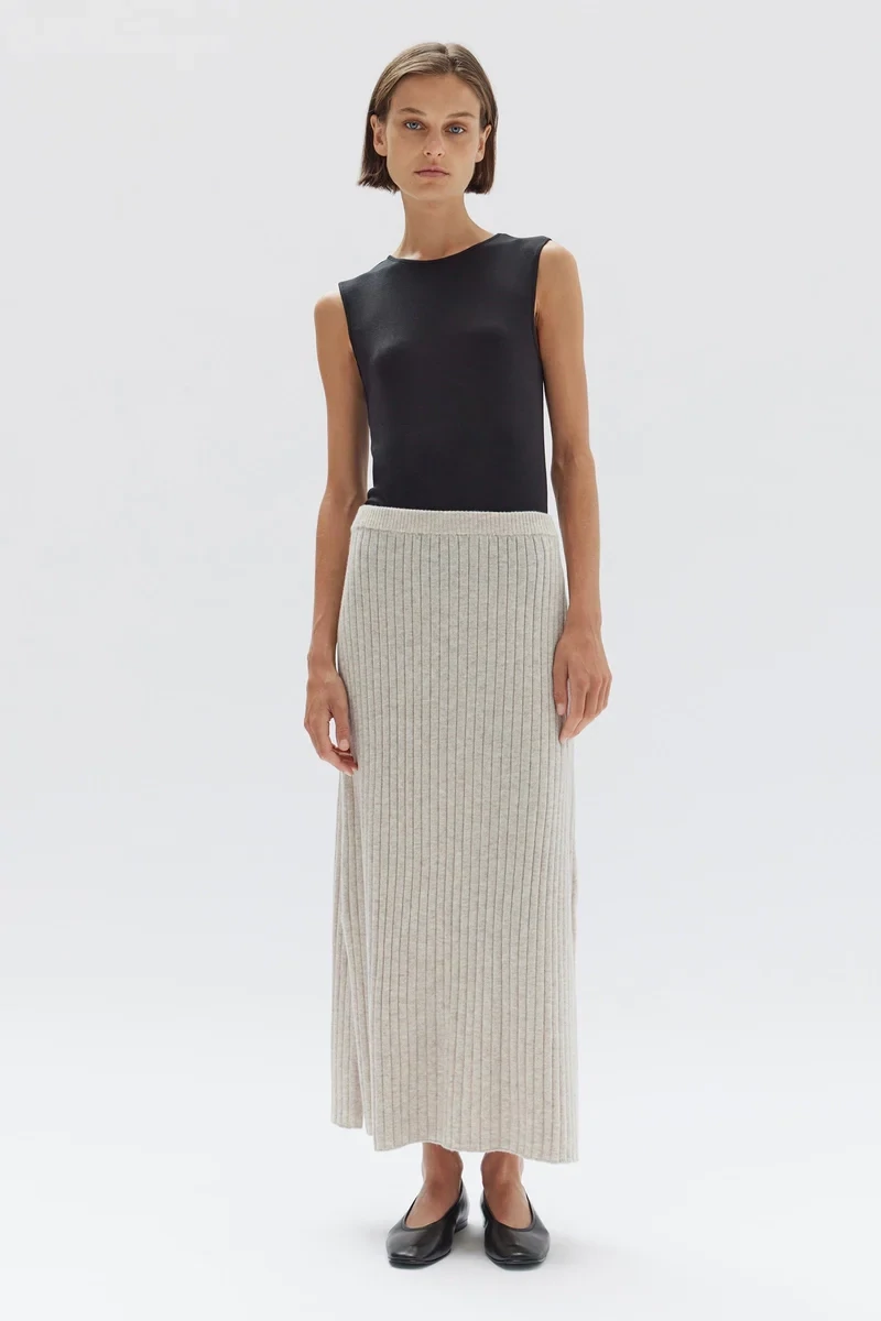 Wool Cashmere Rib Skirt, Colour: Oat Marle, Size: 6