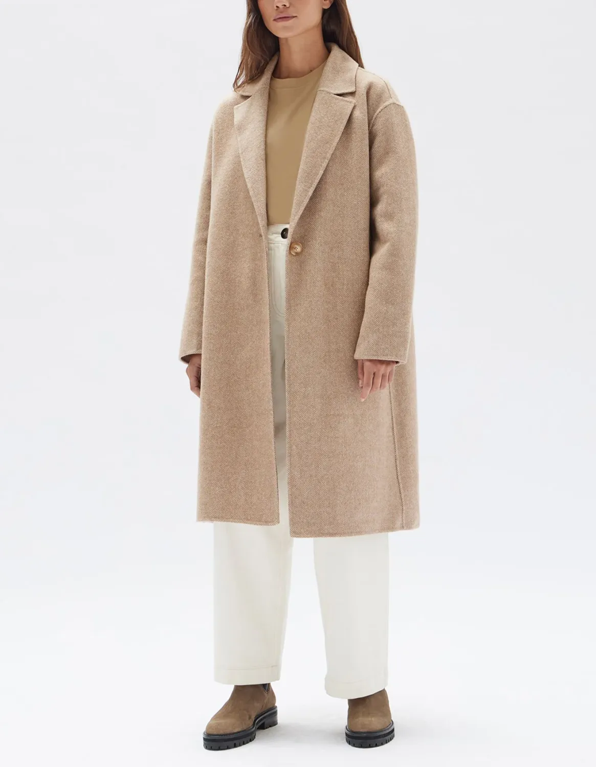 Thea Wool Herringbone Coat - Tan, Colour: Tan, Size: XS