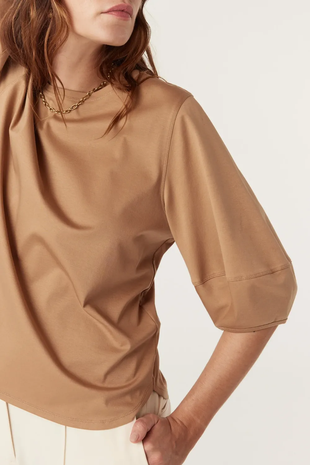 Pima Lantern Sleeve Top, Colour: Camel, Size: 8
