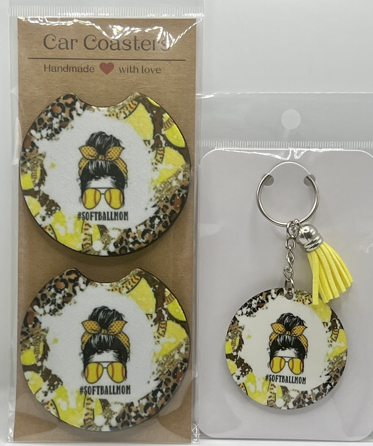 Softball Mom Car Coasters And Keychain Set