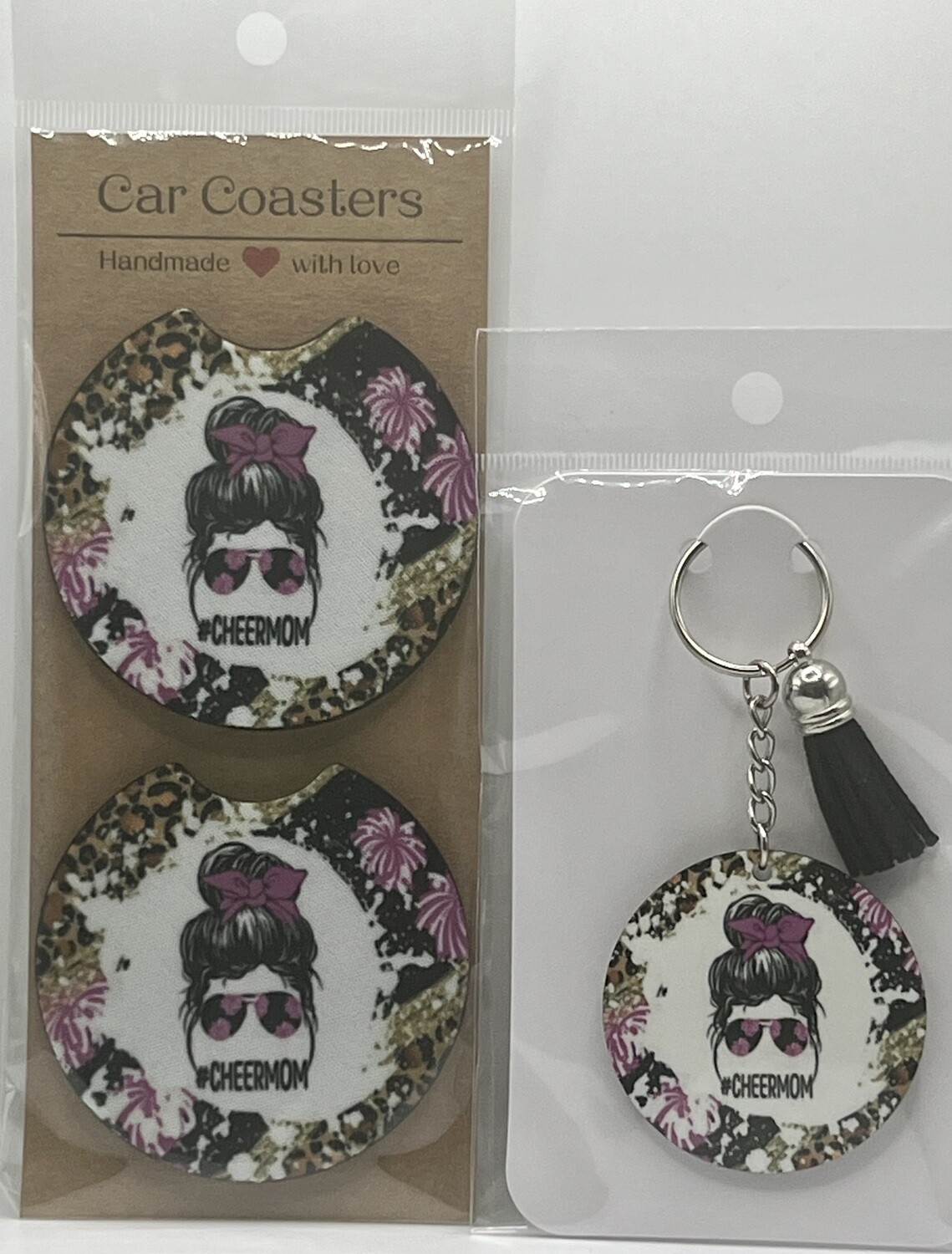 Cheer Mom Car Coasters And Keychain Set