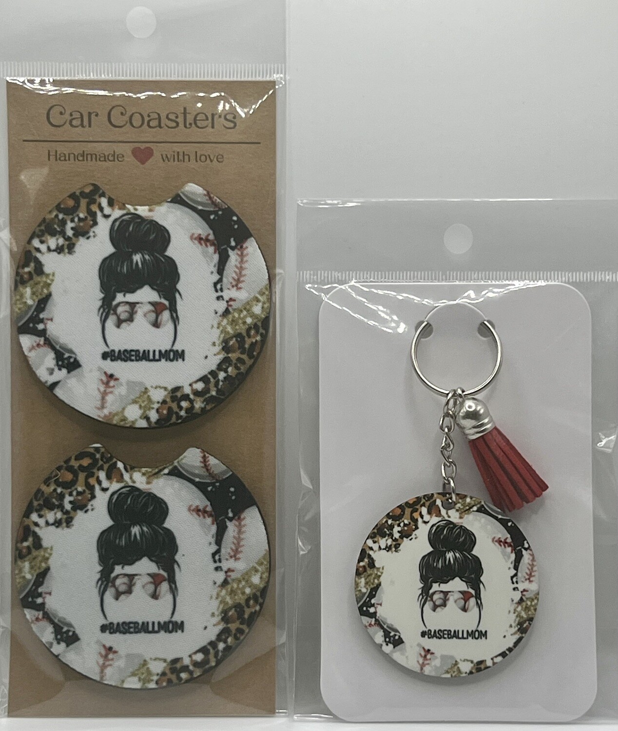 Baseball Mom Car Coasters And Keychain Set