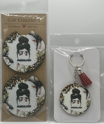 Baseball Mom Car Coasters And Keychain Set