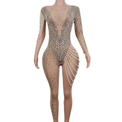 Nude Stretch Party Jumpsuit Rhinestones Fashion Body Suit