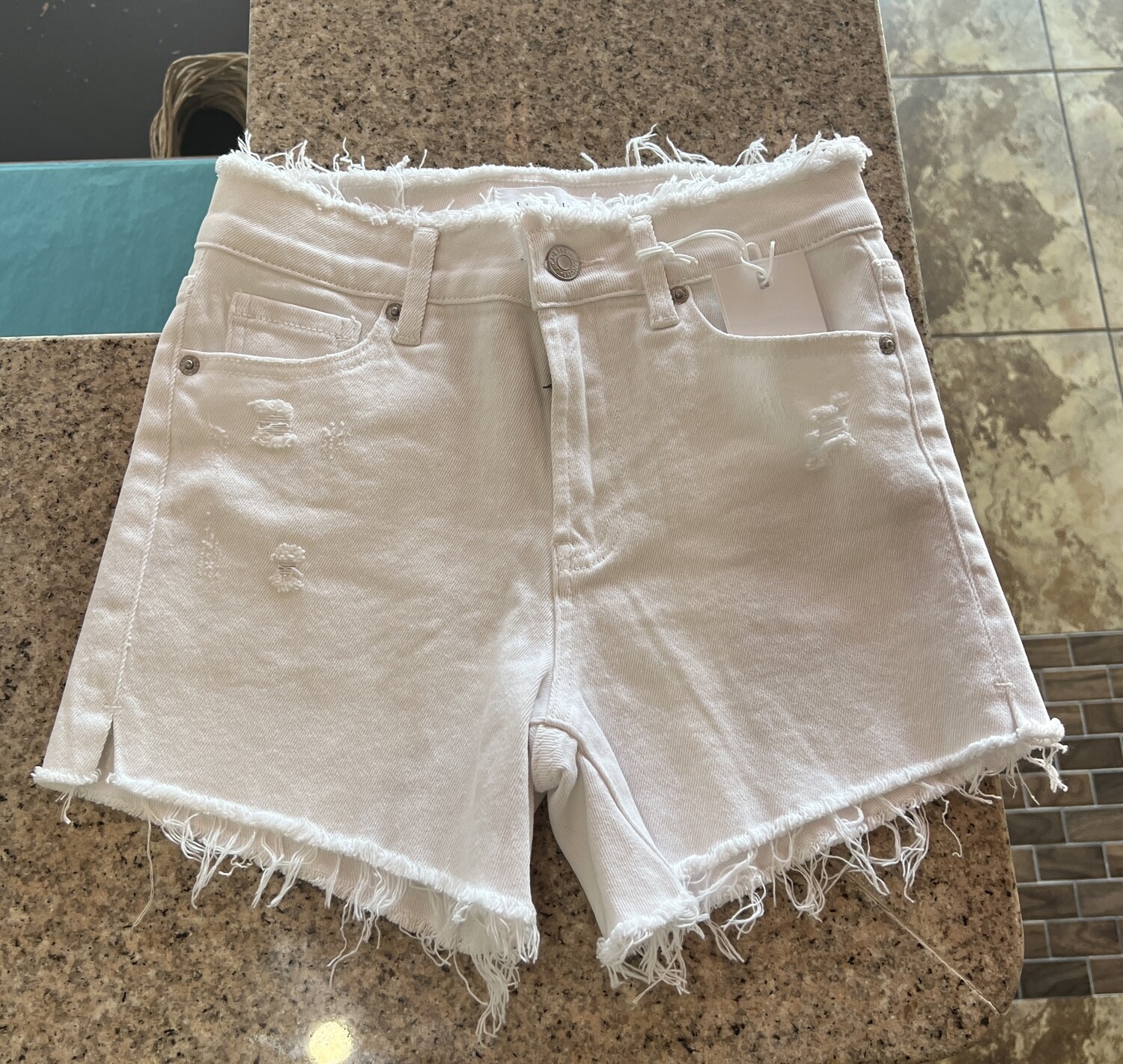 Risen White Shorts Frayed Waist and Hem, Color: White, Size: S