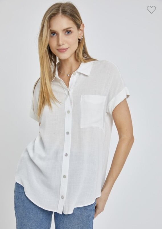 Be Cool Solid Short Sleeve Button Down Top
