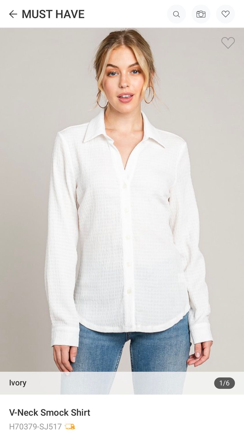Must Have V Neck Smock Shirt, Color: Ivory, Size: S