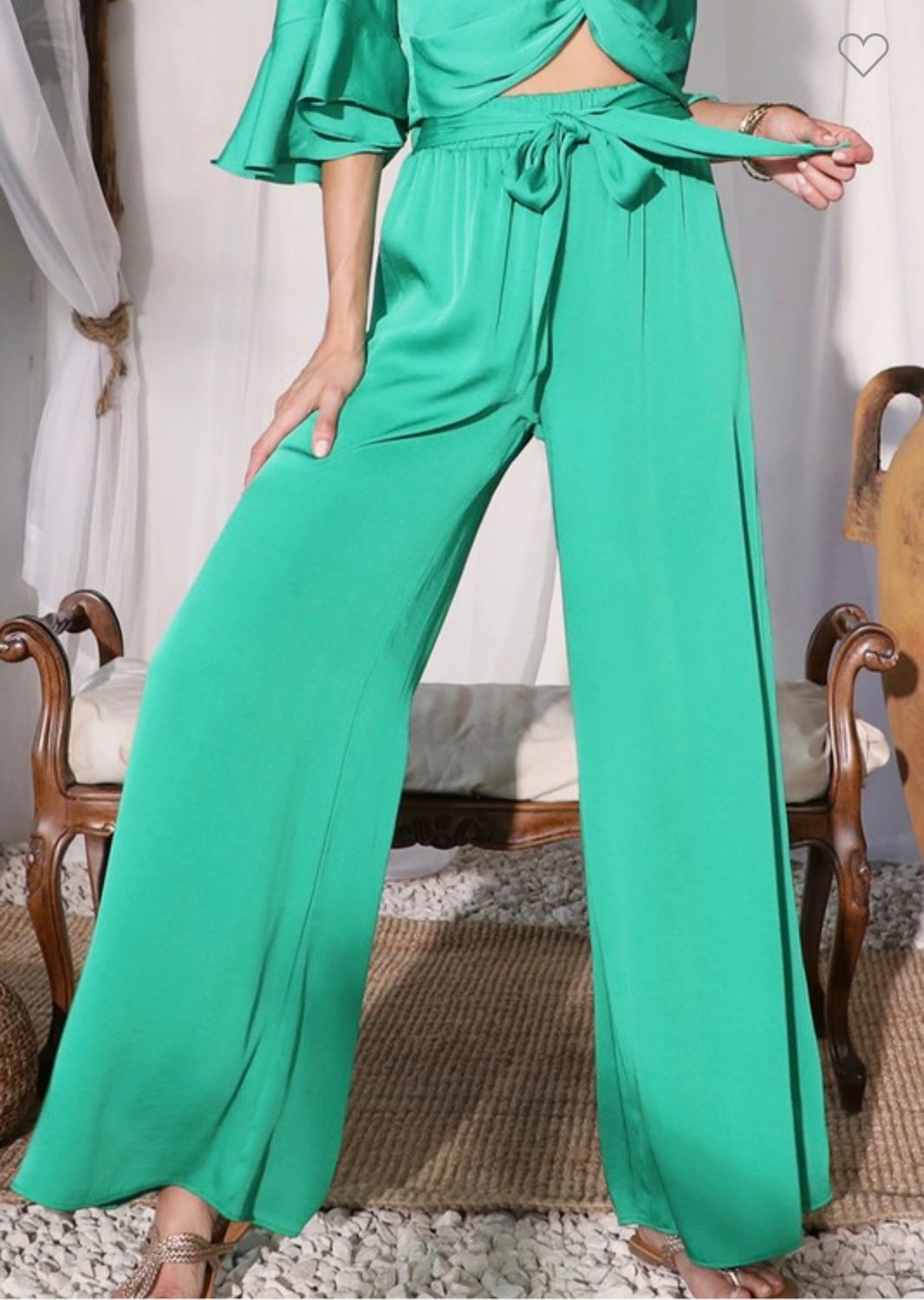 Tyche Tie Waist Wide Leg Pants, Color: Green, Size: S