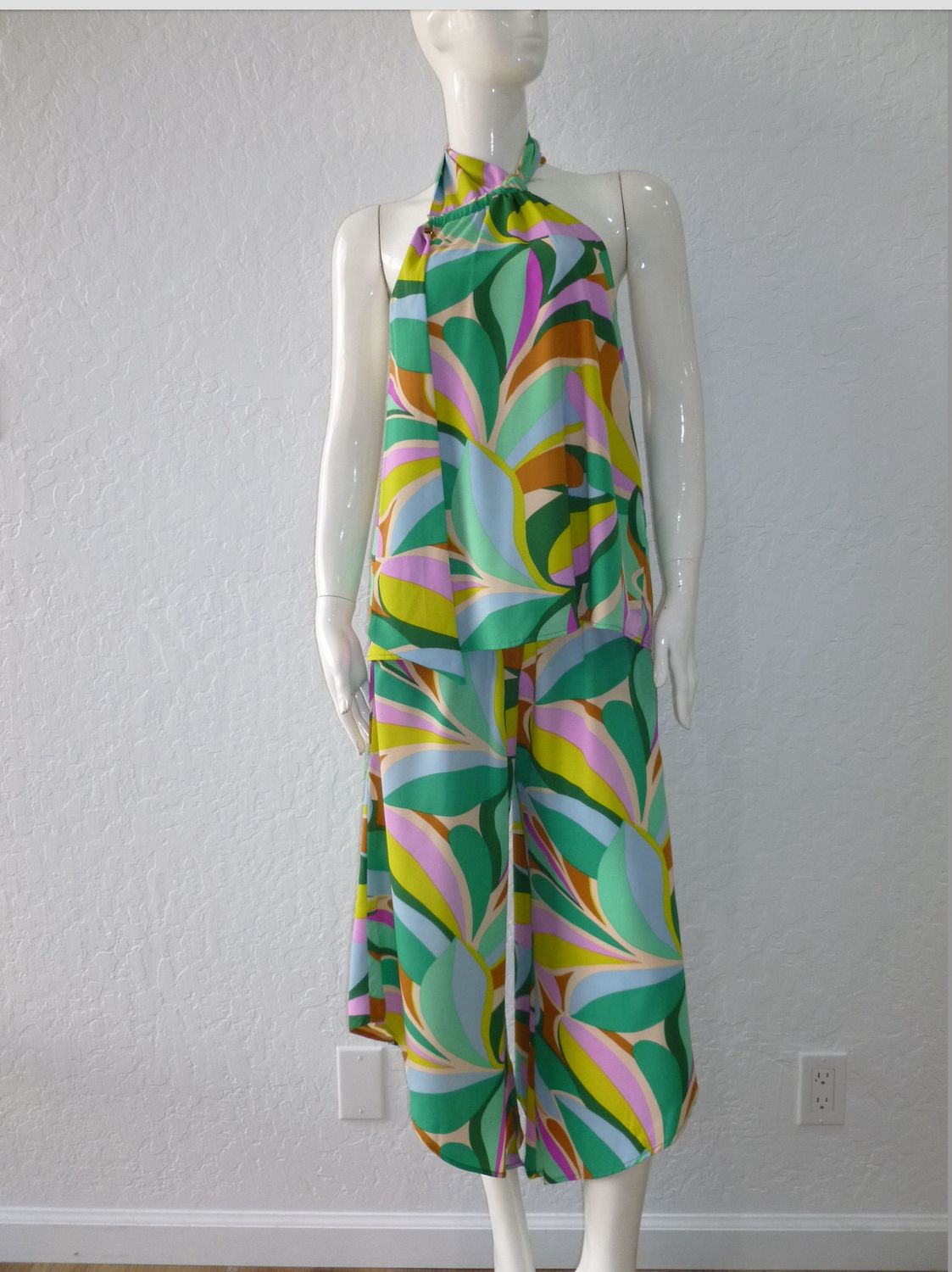 KLD Printed Wrap Around Halter Top, Color: Green, Size: S