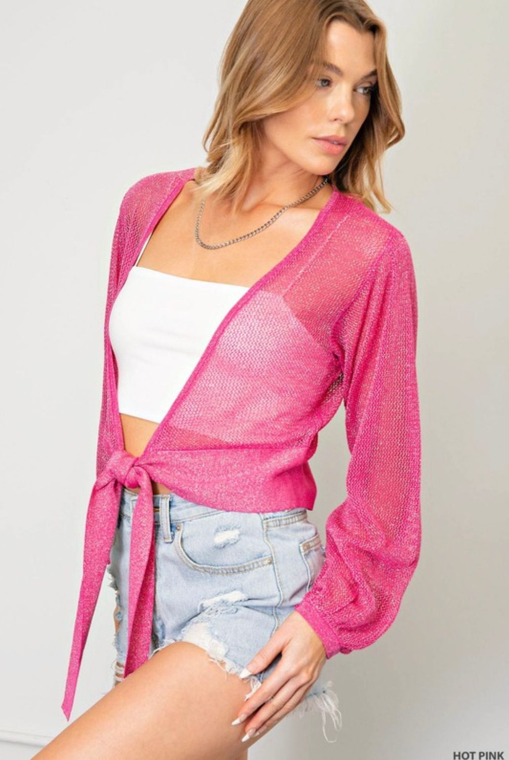Kori A Short Cardigan Front Tie, Color: Hot Pink, Size: S