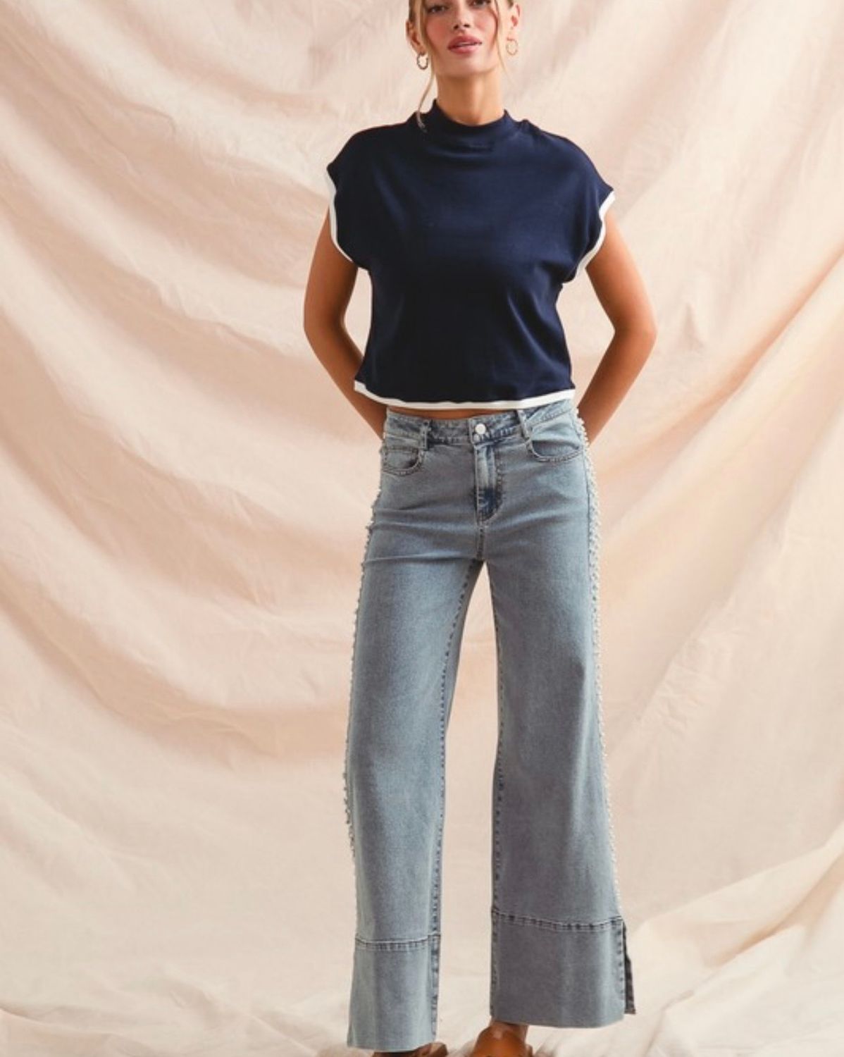 So Me Jeans w/Flare &amp; Side Pearls, Size: S, Color: Light