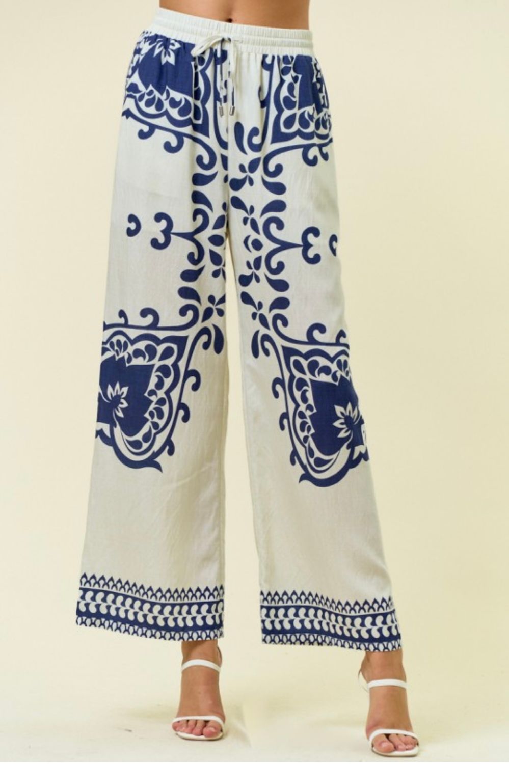 Doe &amp; Rae Border Wide leg Pants, Size: S, Color: Ivory/Navy