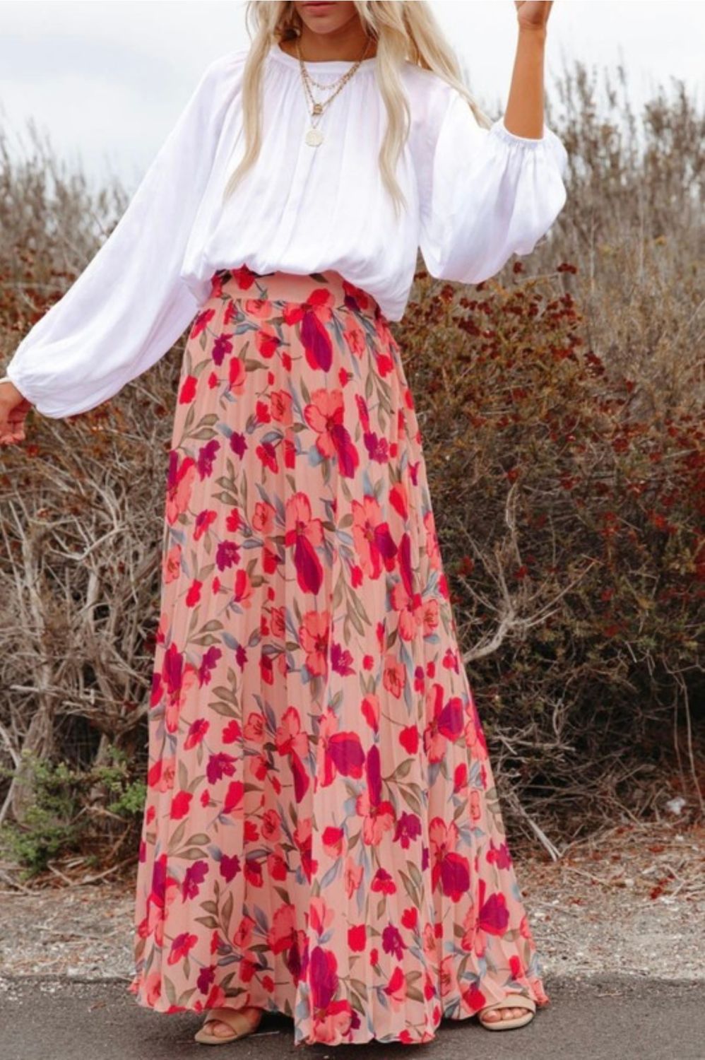 Asia Floral Print Maxi Skirt, Size: S, Color: Pink