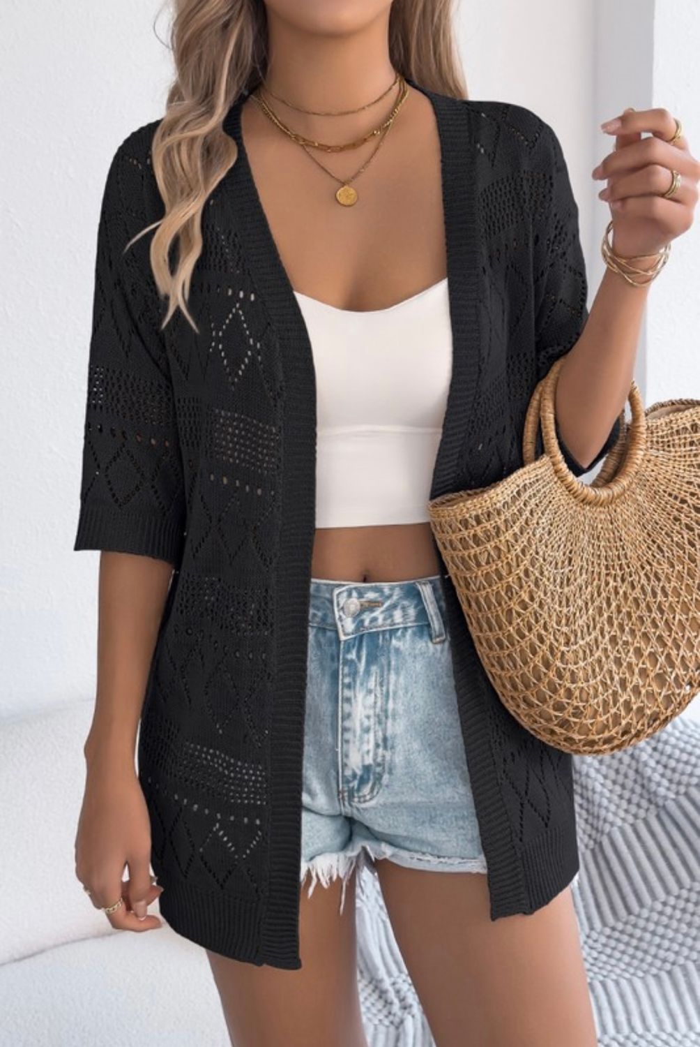 Asia Open Front 3/4 Sleeve Cardigan, Size: S, Color: Black