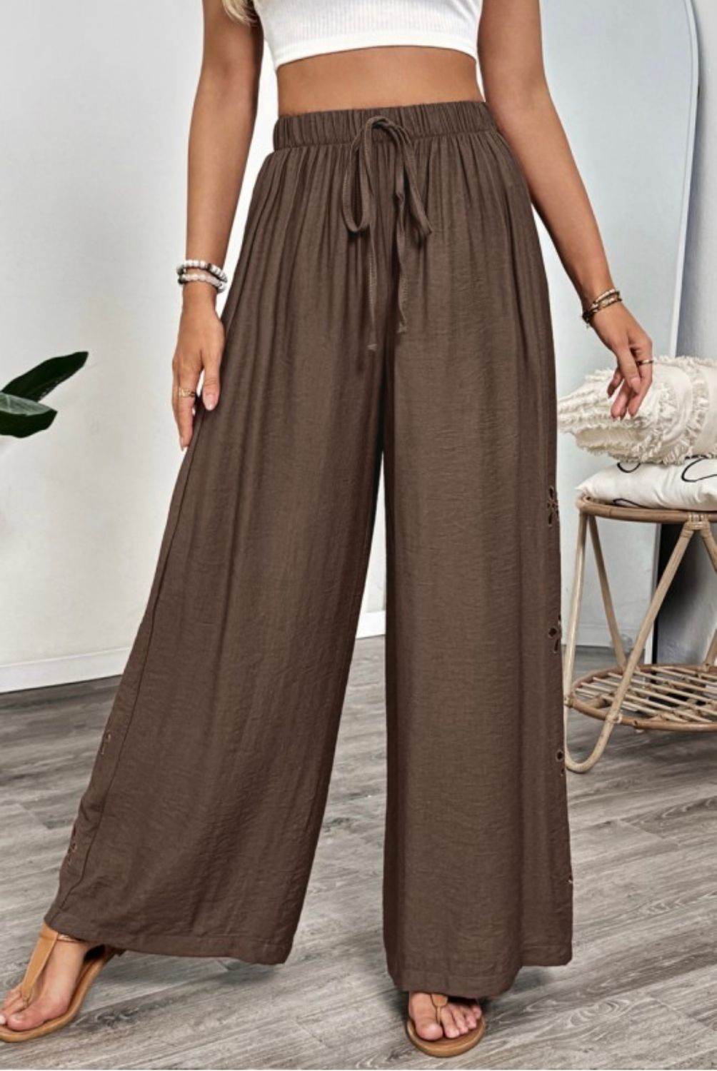 Asia Floral Eyelet Wide Leg Pants, Size: S, Color: Brown