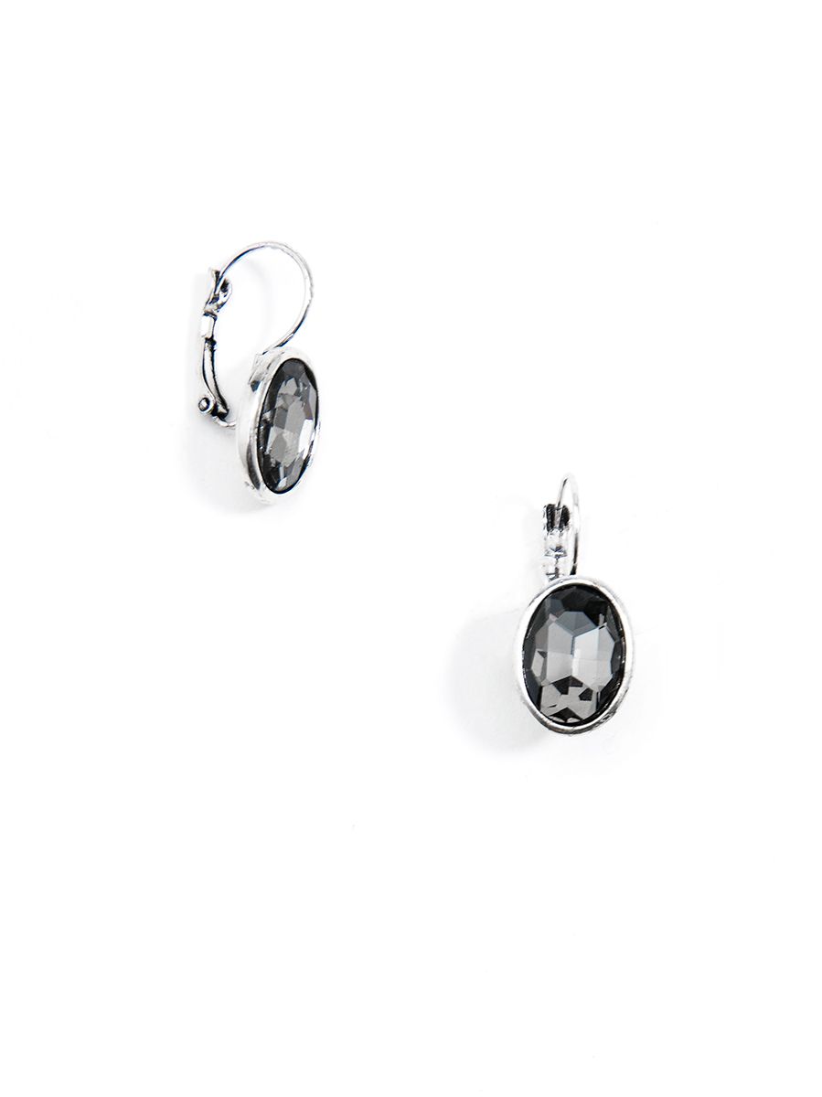 Zenzii Burnish Silver Earring w/Oval Black Diamond Stone or Clear Stone, Color: Black Diamond