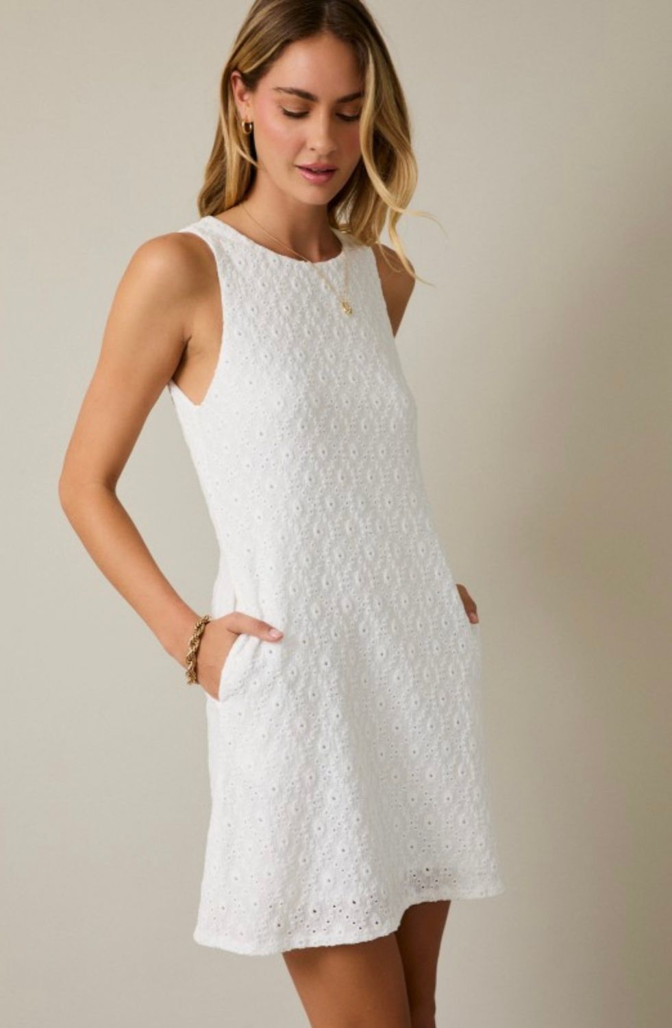 Gilli Round Neck Mini Dress, Color: White, Size: S