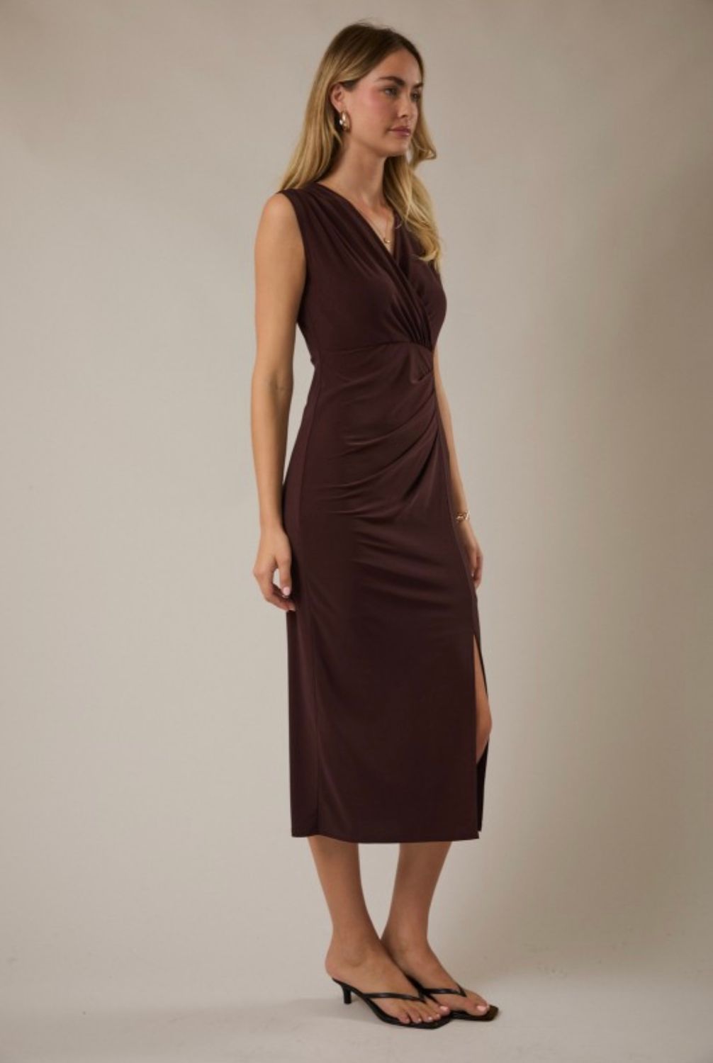 Gilli V Neck Midi Dress, Color: Brown, Size: S