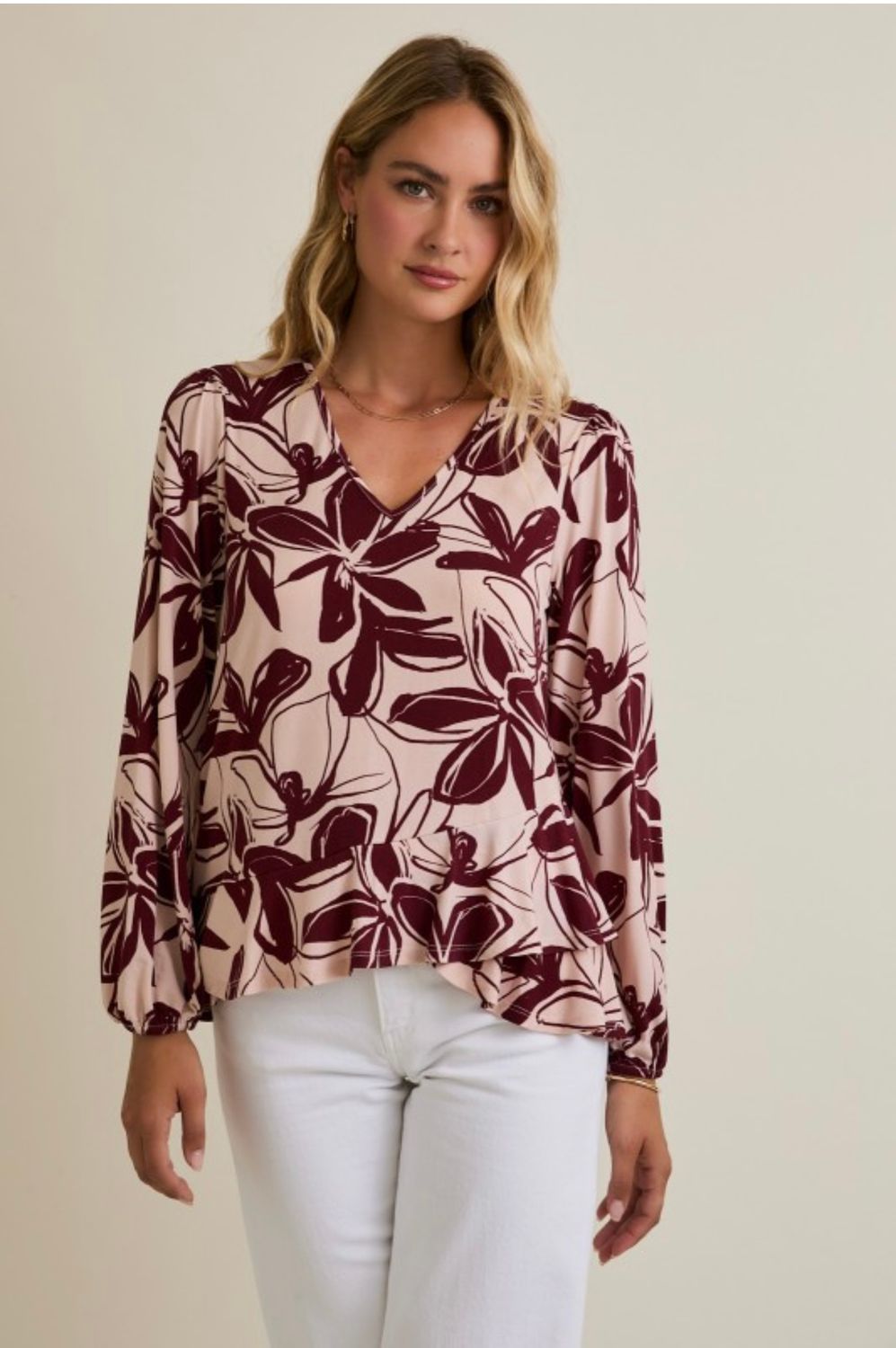 Gilli V Neck FLoral Top, Color: Taupe, Size: S