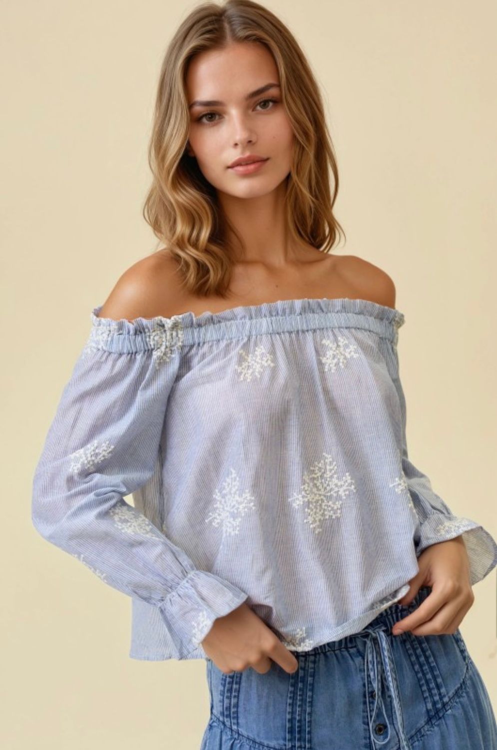 Doe &amp; Rae Stripe Off Shoulder Blouse, Color: Blue, Size: S