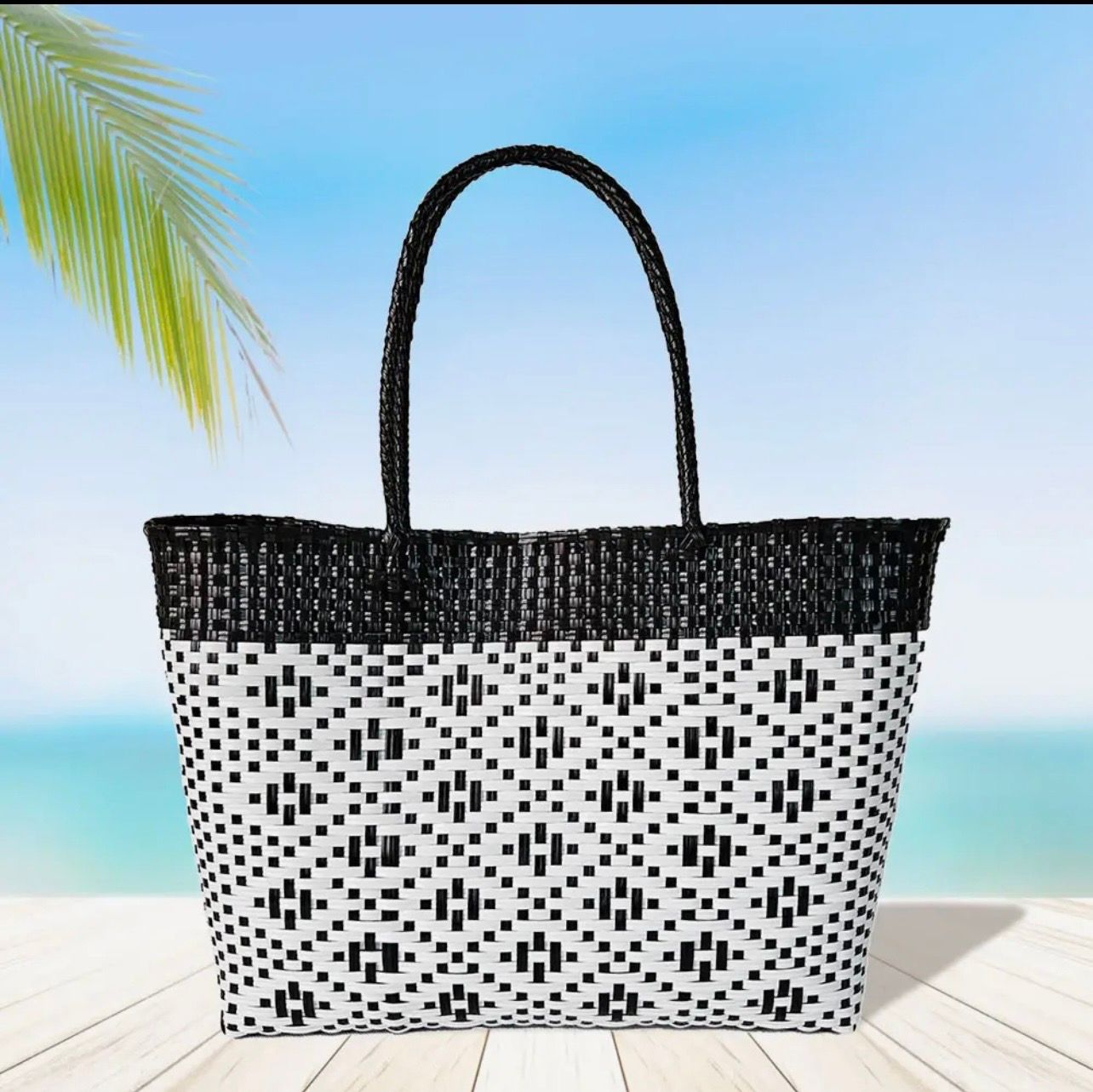 Aztec Basket  Weave Tote, Color: Black