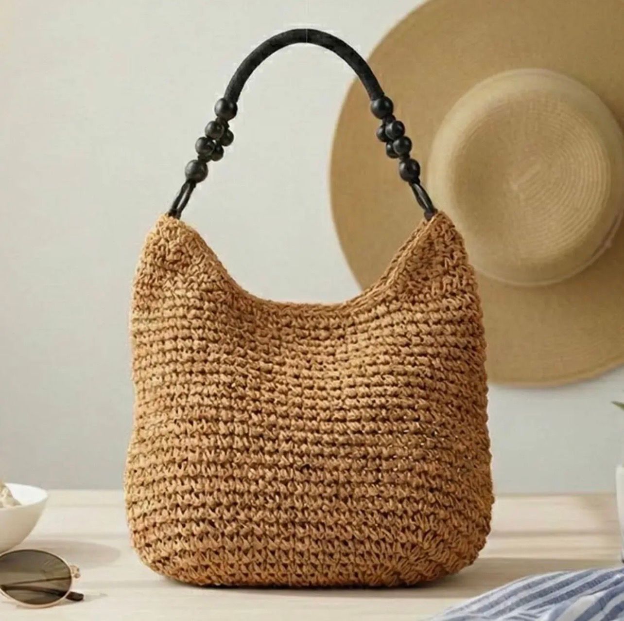 Bamboo Handle Shoulder Bag, Color: Beige